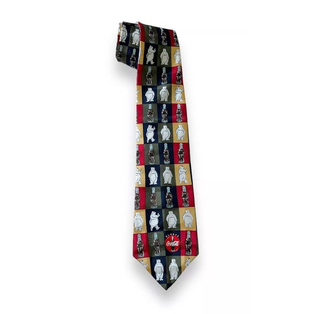 Silk Vintage Blue Red Yellow CocaCola White Polar Bears Tie 55” X 4” Made In USA